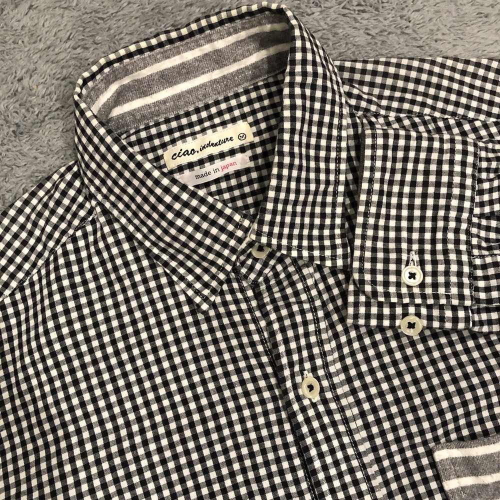VTG Ciao Indenture Men's M Button Up Gingham Black/White Shirt Long Sleeve Japan